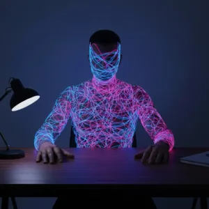 A conceptual image showing a person's silhouette filled with tangled, glowing neon wires representing complex internal emotions, while their hands are calmly resting on a perfectly organized modern desk, contrasting internal feeling with external stillness, cinematic lighting, moody psychological concept art, 8k resolution.