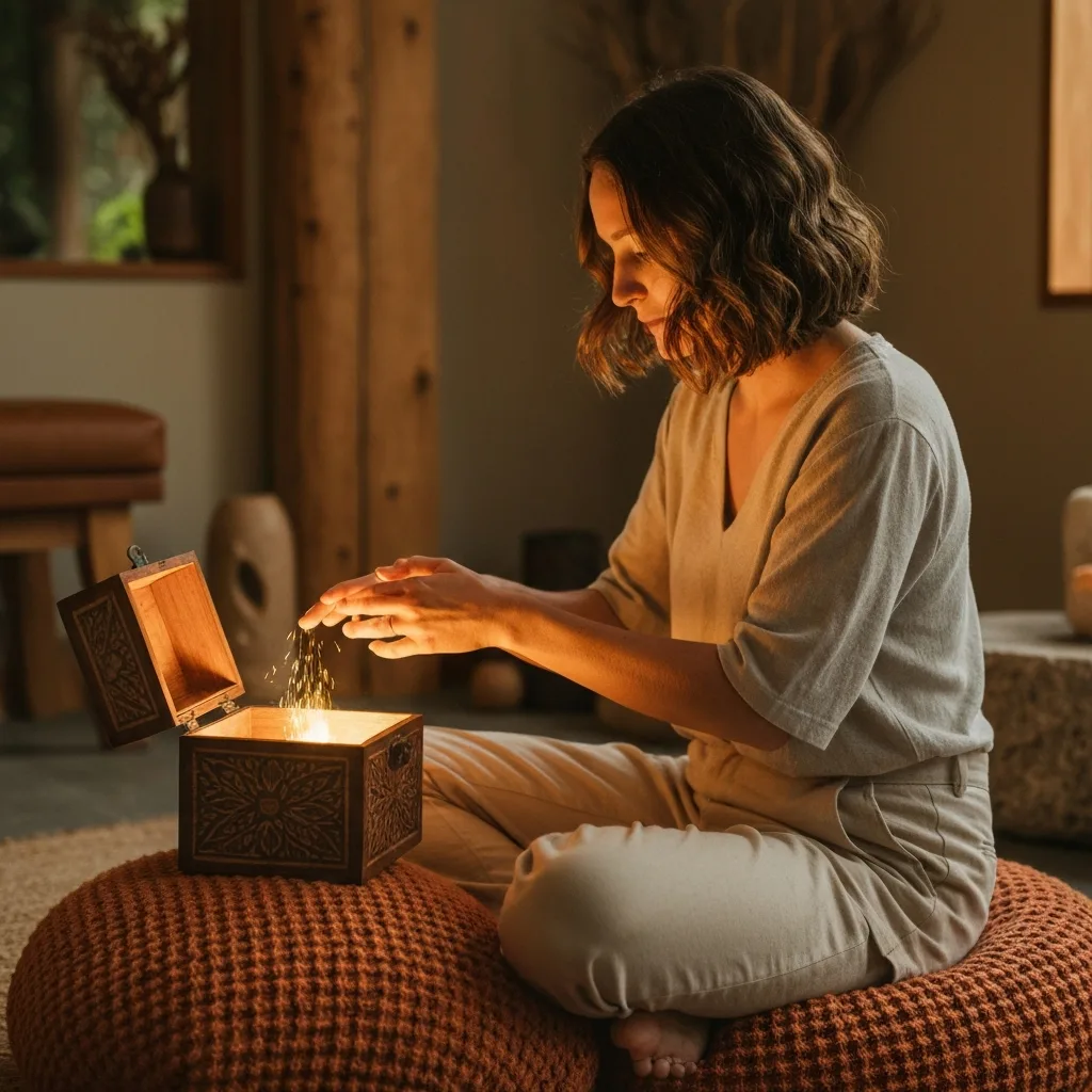 A calm, inviting space showing a person sitting comfortably on a textured floor cushion, gently opening a small, ornate wooden box with soft, warm golden light spilling out onto their hands, representing the safe unpacking of emotions, serene atmosphere, soft focus.