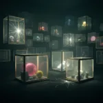 A surreal, highly detailed conceptual illustration of a person's mind as a dimly lit room filled with tightly sealed, glowing glass boxes, some of which have hairline cracks with bright light leaking out, moody atmospheric lighting, cinematic psychological realism.