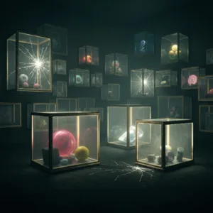 A surreal, highly detailed conceptual illustration of a person's mind as a dimly lit room filled with tightly sealed, glowing glass boxes, some of which have hairline cracks with bright light leaking out, moody atmospheric lighting, cinematic psychological realism.