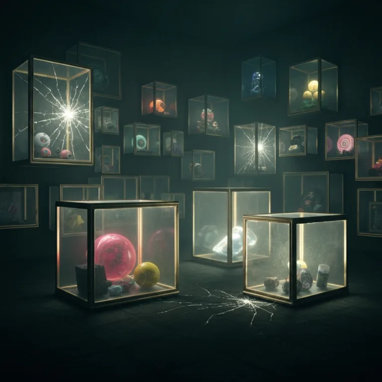 A surreal, highly detailed conceptual illustration of a person's mind as a dimly lit room filled with tightly sealed, glowing glass boxes, some of which have hairline cracks with bright light leaking out, moody atmospheric lighting, cinematic psychological realism.