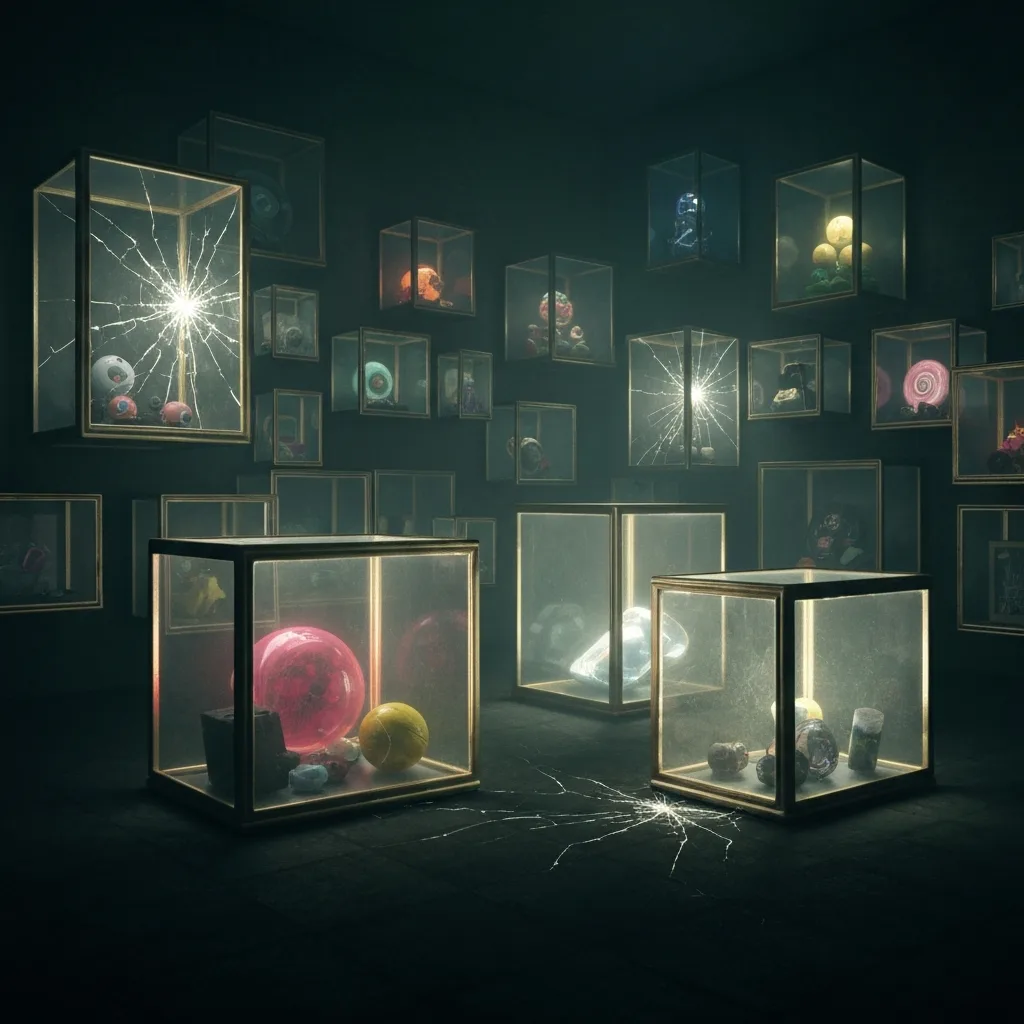 A surreal, highly detailed conceptual illustration of a person's mind as a dimly lit room filled with tightly sealed, glowing glass boxes, some of which have hairline cracks with bright light leaking out, moody atmospheric lighting, cinematic psychological realism.