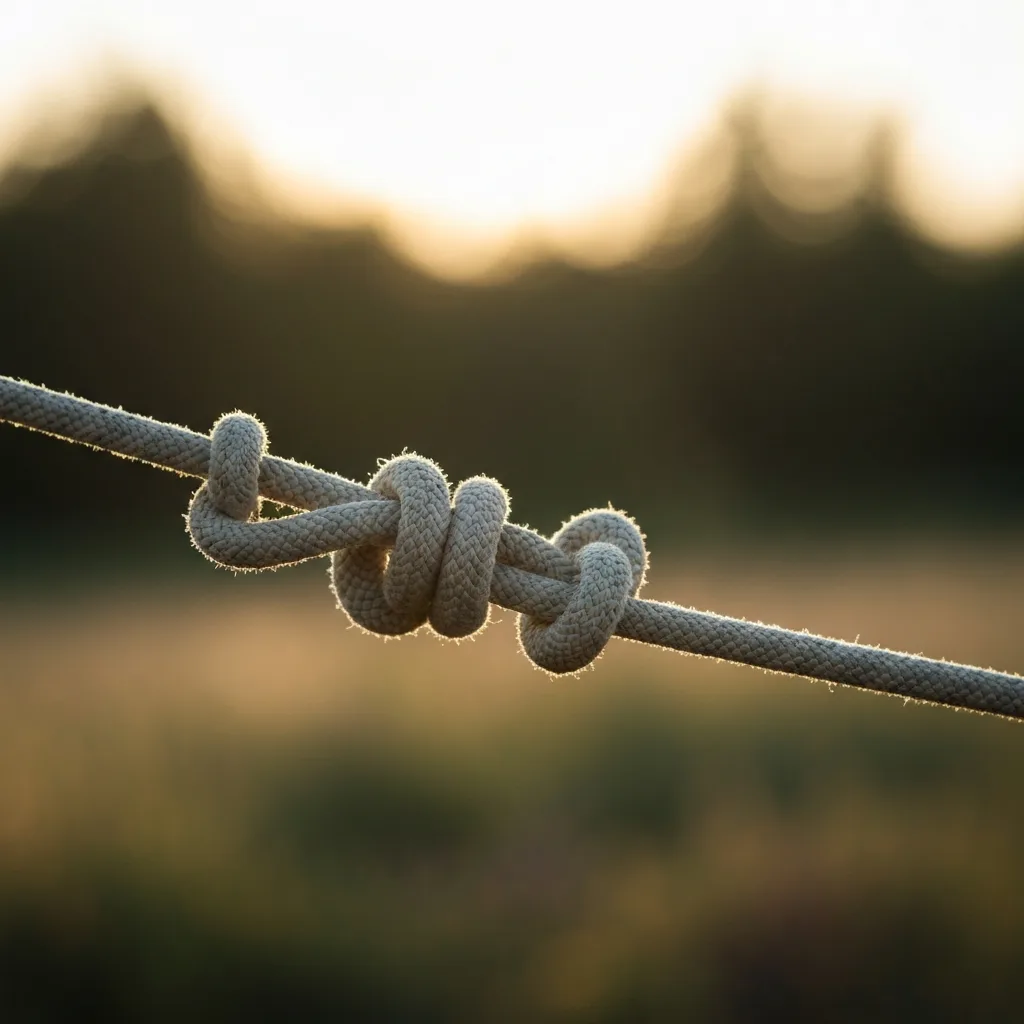 A macro photography shot of a tightly knotted climbing rope slowly beginning to loosen and unravel against a soft, blurred natural background. Warm golden hour lighting, symbolizing the release of nervous system tension and the softening of emotional armor.