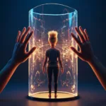A conceptual, highly detailed illustration of a person standing alone inside a glowing, translucent glass shield, while soft, warm hands from the outside gently press against the glass offering support. Cinematic lighting, deep blue and warm amber tones, symbolizing the barrier of hyper-independence.
