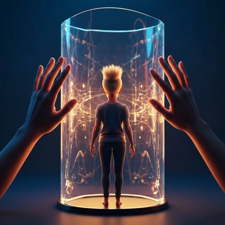 A conceptual, highly detailed illustration of a person standing alone inside a glowing, translucent glass shield, while soft, warm hands from the outside gently press against the glass offering support. Cinematic lighting, deep blue and warm amber tones, symbolizing the barrier of hyper-independence.
