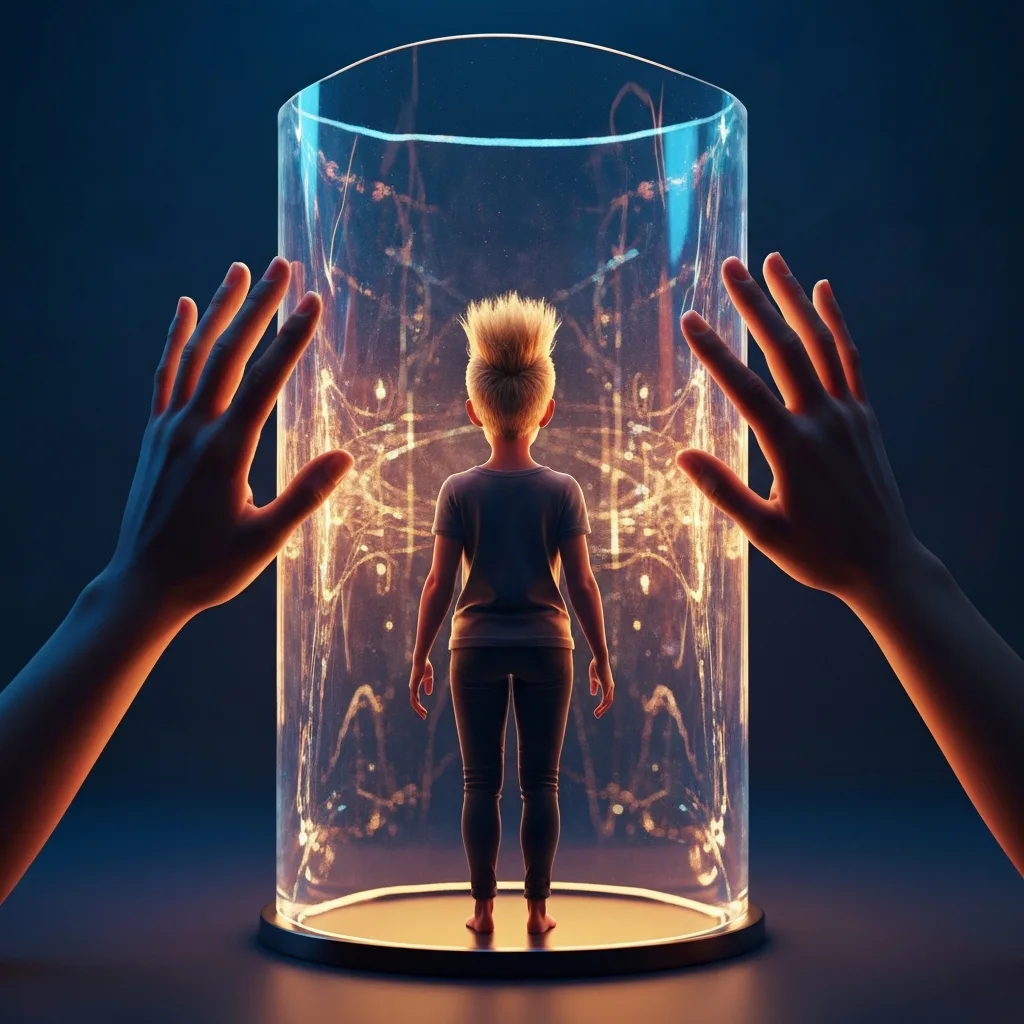 A conceptual, highly detailed illustration of a person standing alone inside a glowing, translucent glass shield, while soft, warm hands from the outside gently press against the glass offering support. Cinematic lighting, deep blue and warm amber tones, symbolizing the barrier of hyper-independence.