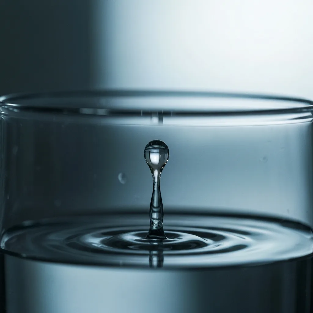 A macro photograph of a single drop of water about to overflow from a nearly full glass, softly lit with cinematic, moody lighting. The background is slightly blurred, evoking a sense of built-up tension and reaching an emotional threshold.