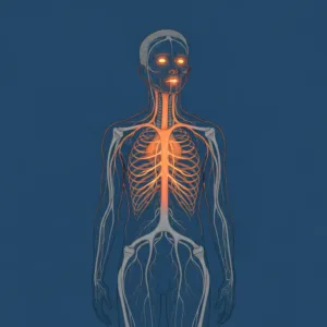 A conceptual, highly detailed illustration of a person's silhouette where the internal nervous system is visible, glowing with a subtle, tense orange light in the chest and jaw, contrasting with a deep, calm blue background. Minimalist, psychological art style.