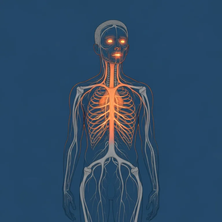 A conceptual, highly detailed illustration of a person's silhouette where the internal nervous system is visible, glowing with a subtle, tense orange light in the chest and jaw, contrasting with a deep, calm blue background. Minimalist, psychological art style.