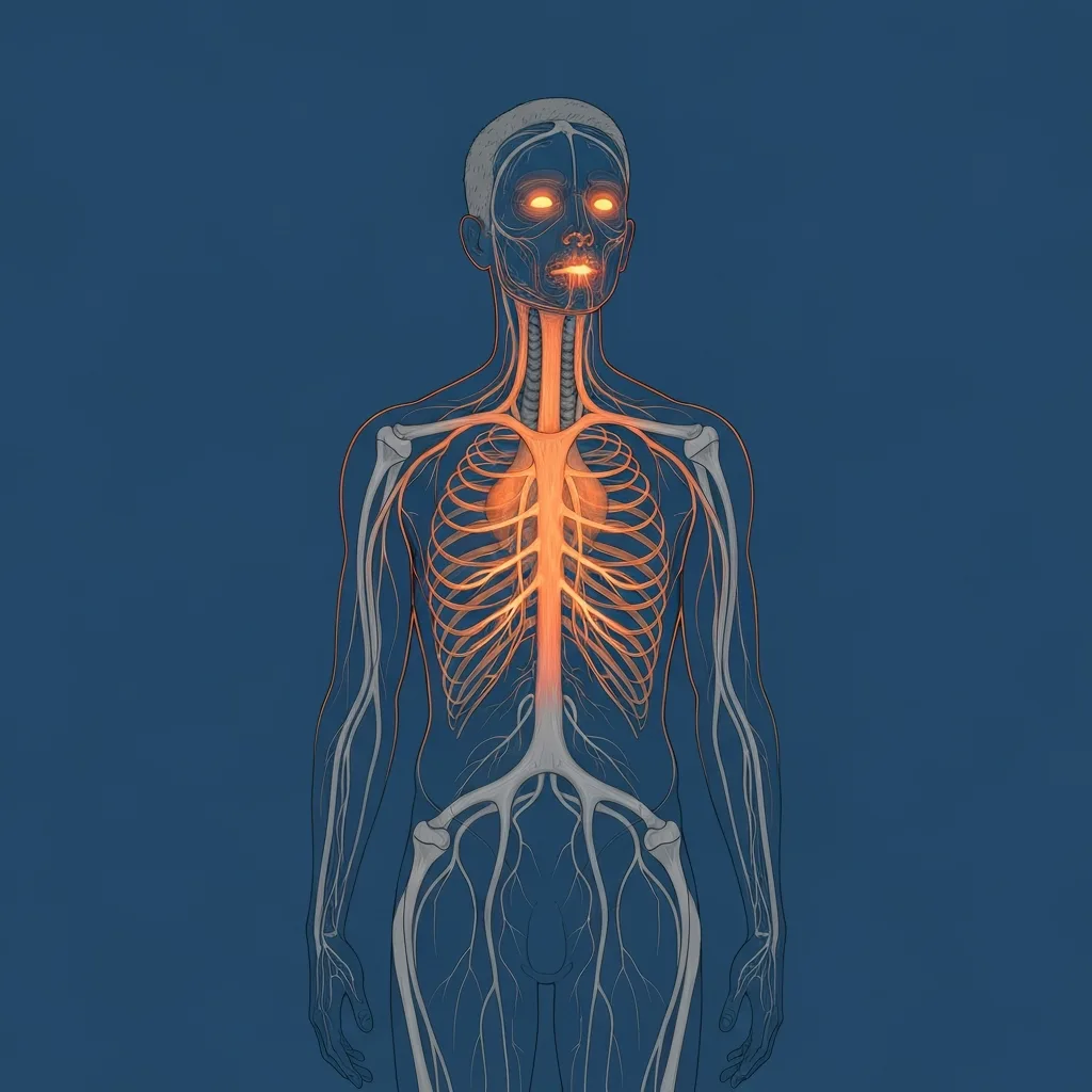 A conceptual, highly detailed illustration of a person's silhouette where the internal nervous system is visible, glowing with a subtle, tense orange light in the chest and jaw, contrasting with a deep, calm blue background. Minimalist, psychological art style.