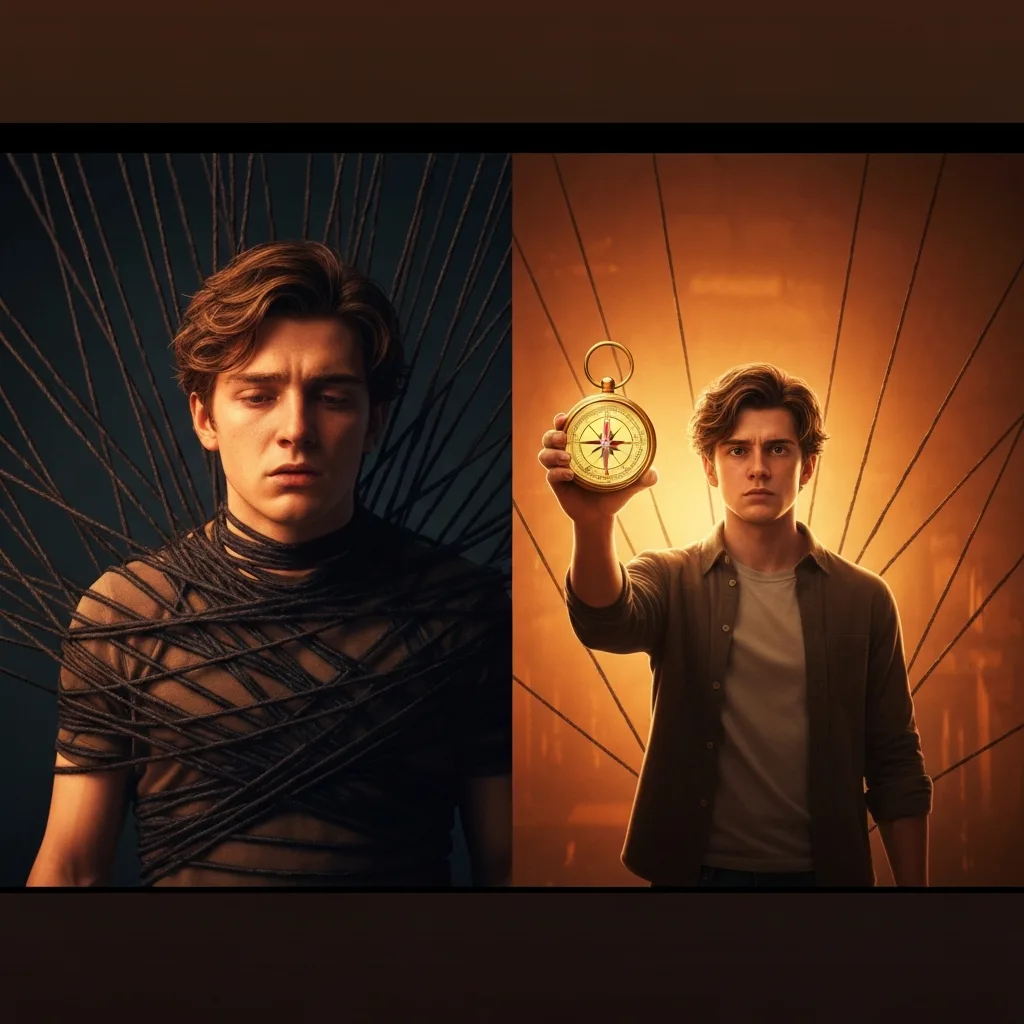 A split-screen visual metaphor: on the left, a person tangled in heavy, dark strings representing being controlled by moods; on the right, the same person holding a glowing compass representing core values, with the strings cut and falling away. Warm, inviting colors, cinematic lighting.