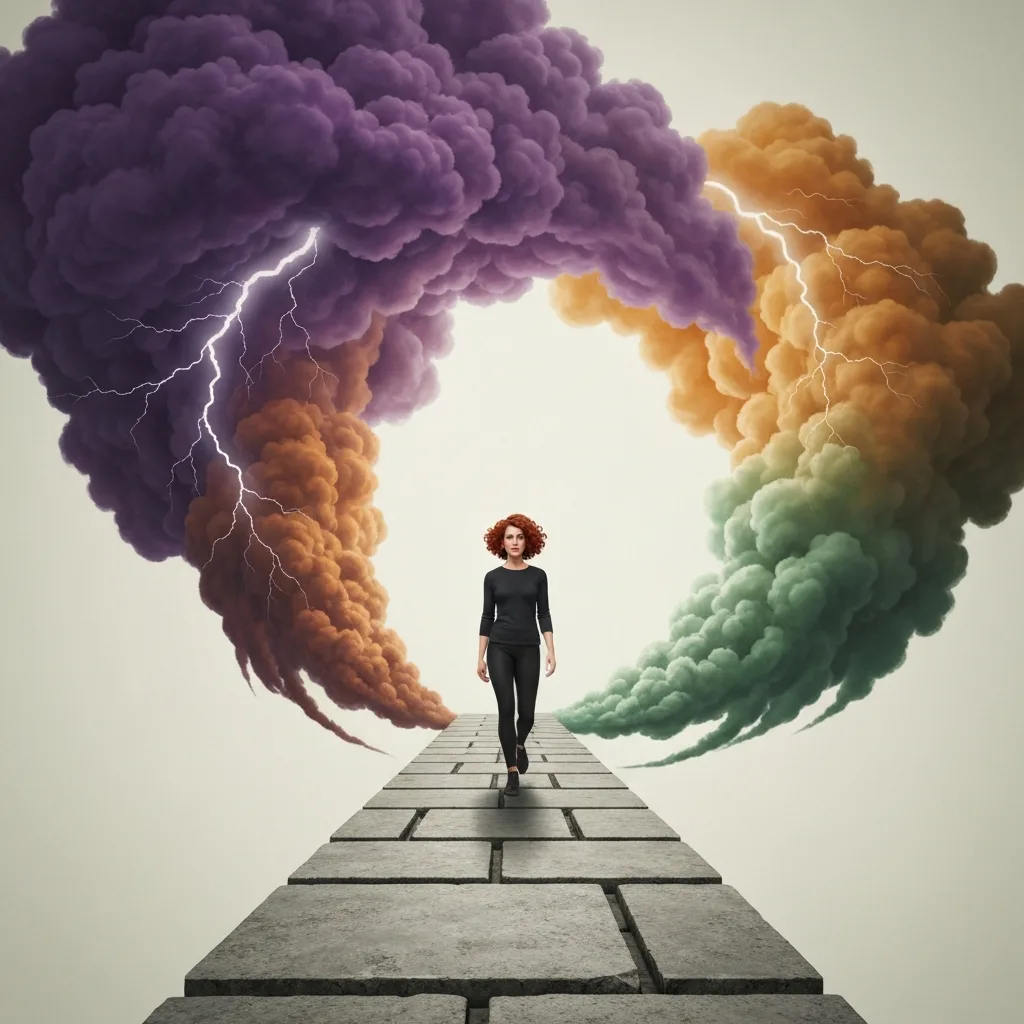 A conceptual image showing a person walking forward confidently on a solid stone path, while stormy, colorful clouds representing chaotic emotions swirl around them but do not touch them. Clean, minimalist aesthetic, soft lighting, highly detailed.