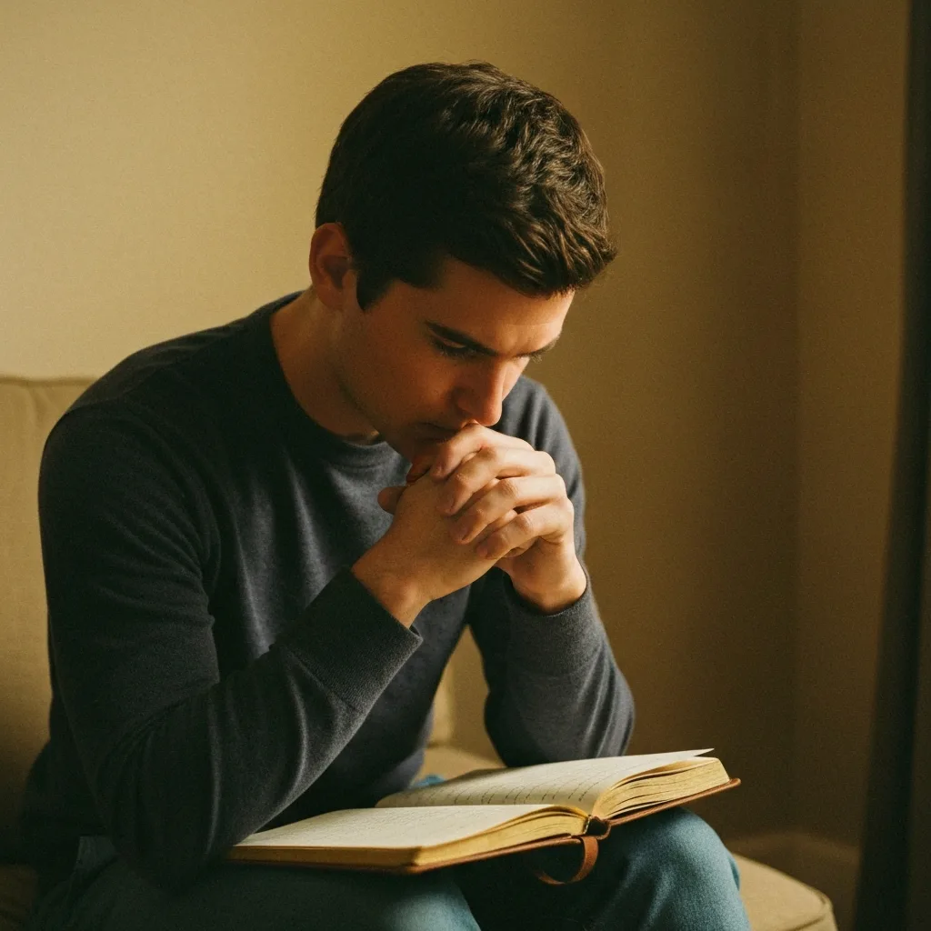 A person sitting in a dimly lit room, looking out a rain-streaked window. Above their head, a heavy, dark cloud made of floating text, fragmented letters, and tangled lines, representing narrative fixation and rumination. The mood is introspective and psychological, with soft, moody blue and amber lighting, photorealistic.
