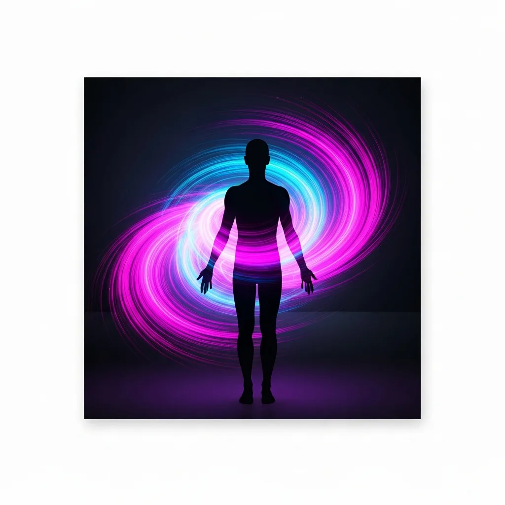 Abstract representation of the mind-body connection. A glowing human silhouette with a tangled, chaotic knot of bright neon pink and red threads in the head representing racing thoughts and narrative fixation, while calm, smooth, flowing blue light radiates from the chest and stomach representing somatic peace. Dark minimalist background, cinematic lighting, highly detailed.
