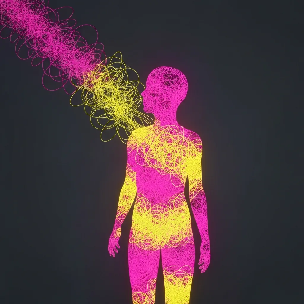 A minimalist, modern digital art piece showing a human silhouette filled with a chaotic tangle of bright neon threads, contrasting against a calm, dark background. The threads slowly untangle and dissolve into the air outside the silhouette, symbolizing the release of phantom obligations and nervous system regulation.