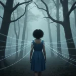 A conceptual, highly detailed illustration of a person walking through a dense, foggy forest, with faint, glowing, translucent strings attached to their shoulders and back, pulling them in different directions. Moody lighting, cinematic, evoking a sense of invisible burdens and mental load.