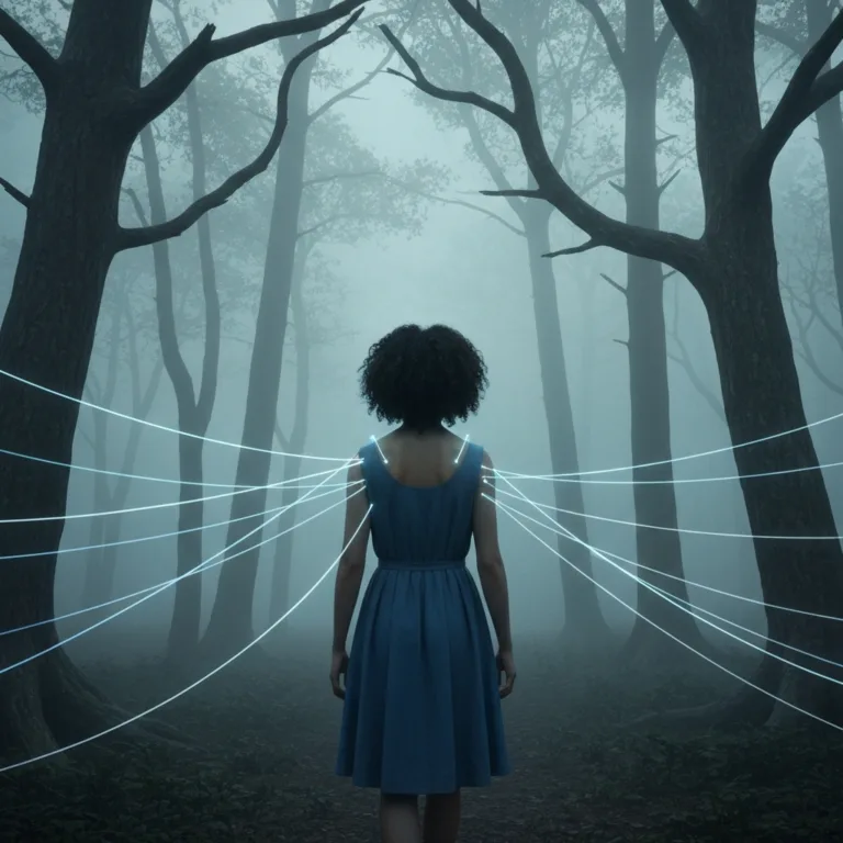 A conceptual, highly detailed illustration of a person walking through a dense, foggy forest, with faint, glowing, translucent strings attached to their shoulders and back, pulling them in different directions. Moody lighting, cinematic, evoking a sense of invisible burdens and mental load.