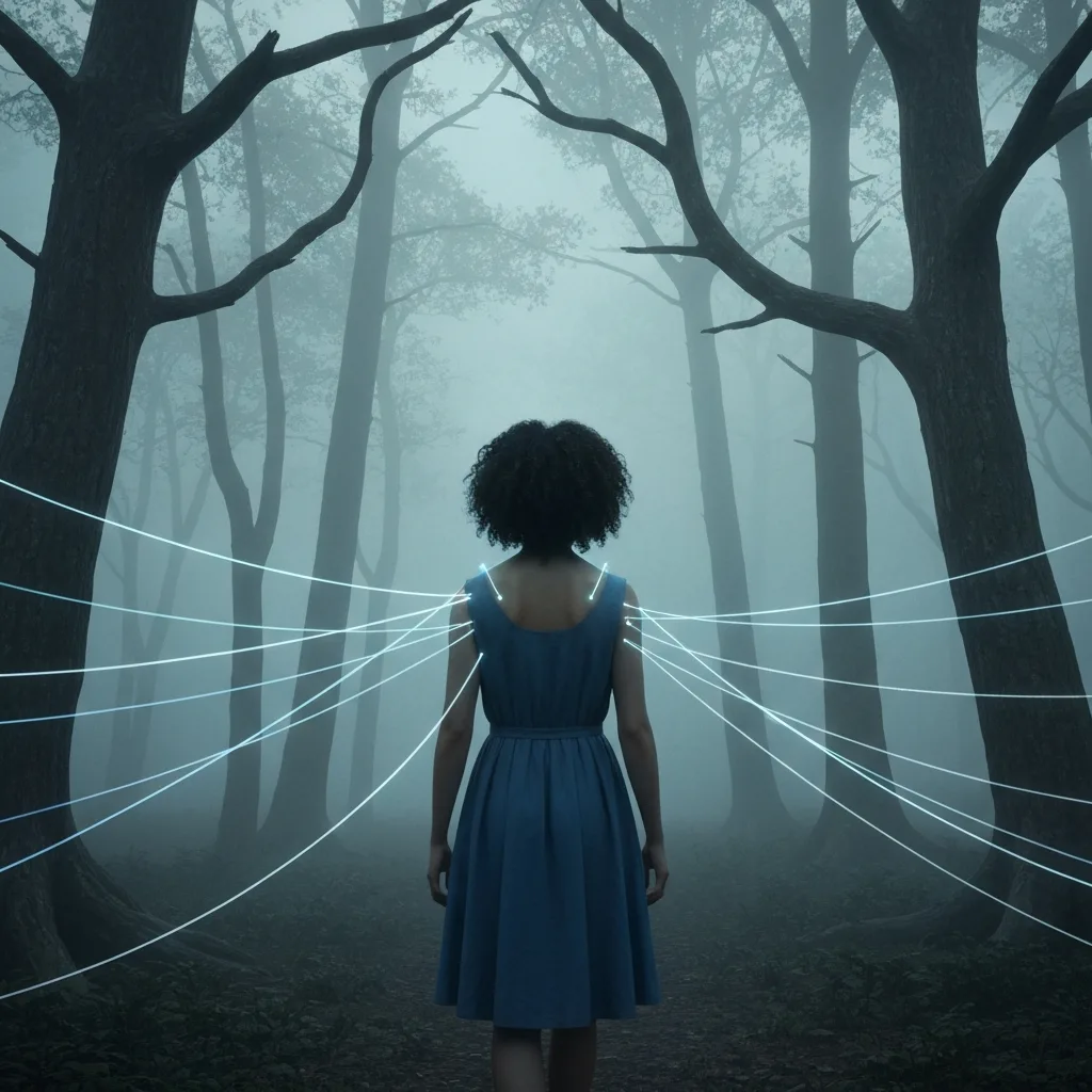 A conceptual, highly detailed illustration of a person walking through a dense, foggy forest, with faint, glowing, translucent strings attached to their shoulders and back, pulling them in different directions. Moody lighting, cinematic, evoking a sense of invisible burdens and mental load.