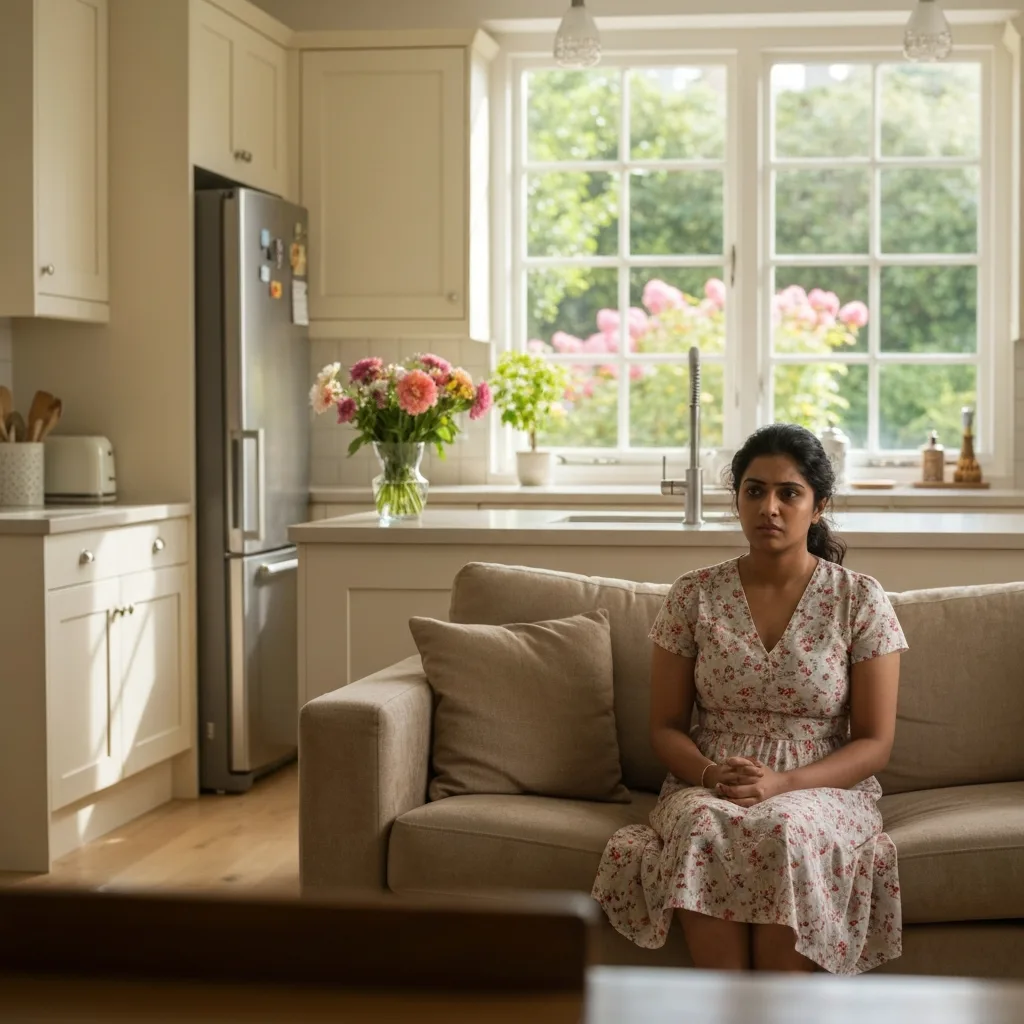 A serene but slightly tense domestic setting. A woman sits on a modern minimalist sofa, her face attempting a calm, serene smile, but her hands are tightly clenched into fists resting on her lap. The lighting is moody and cinematic, emphasizing the physical tension in her hands and shoulders against the peaceful background, representing forced equanimity.