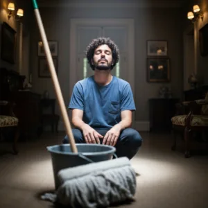 A cinematic, softly lit photograph of a person sitting perfectly still in a slightly cluttered room. The person has their eyes closed, taking a deep breath, hands resting gently on their knees, while a blurred mop and bucket sit in the foreground. The lighting highlights their face, conveying a sense of sudden peace amidst the urge to clean.