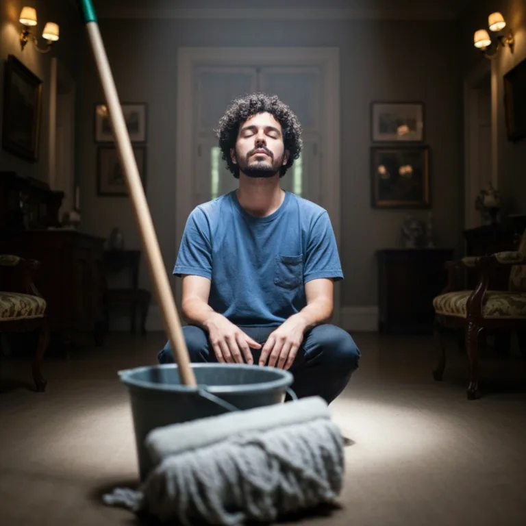 A cinematic, softly lit photograph of a person sitting perfectly still in a slightly cluttered room. The person has their eyes closed, taking a deep breath, hands resting gently on their knees, while a blurred mop and bucket sit in the foreground. The lighting highlights their face, conveying a sense of sudden peace amidst the urge to clean.