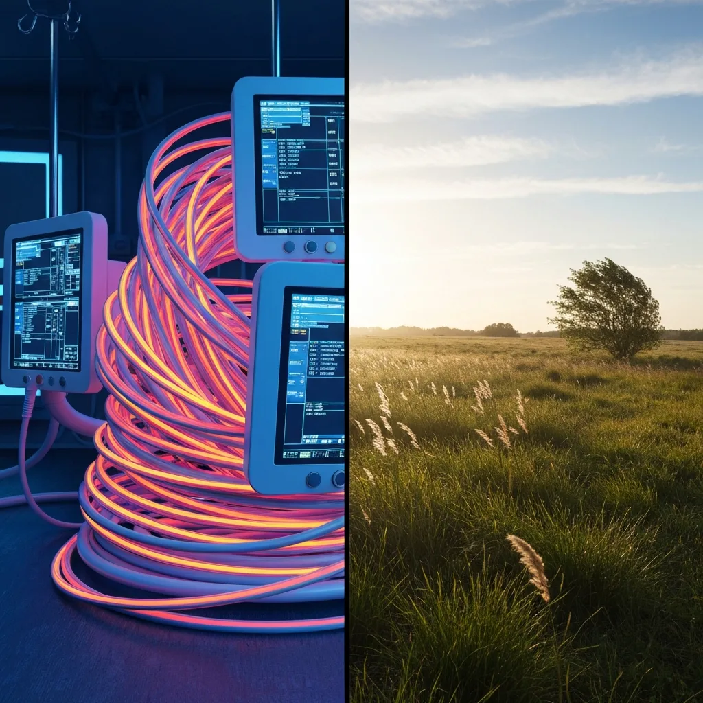 A split-screen visual metaphor: on one side, a tightly wound knot of digital data cables and medical monitors; on the other side, a calm, open natural landscape with a gentle breeze, symbolizing the shift from somatic hyper-vigilance to external grounding.