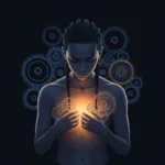 A subtle, conceptual illustration of a person looking down at their own glowing chest, surrounded by complex, swirling mechanical gears representing over-analysis of the body, minimalist color palette with deep blues and warm amber accents.