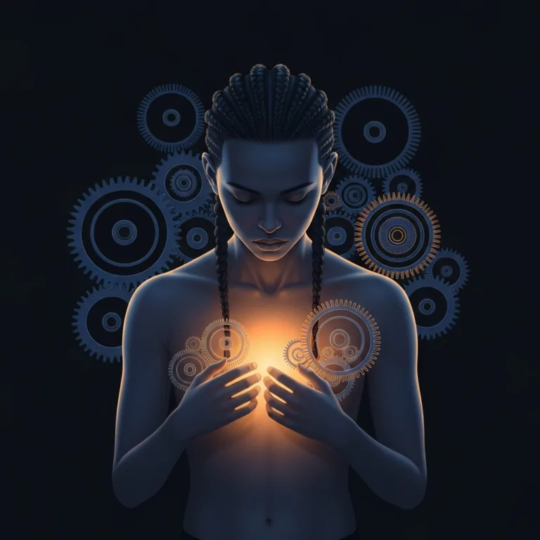 A subtle, conceptual illustration of a person looking down at their own glowing chest, surrounded by complex, swirling mechanical gears representing over-analysis of the body, minimalist color palette with deep blues and warm amber accents.