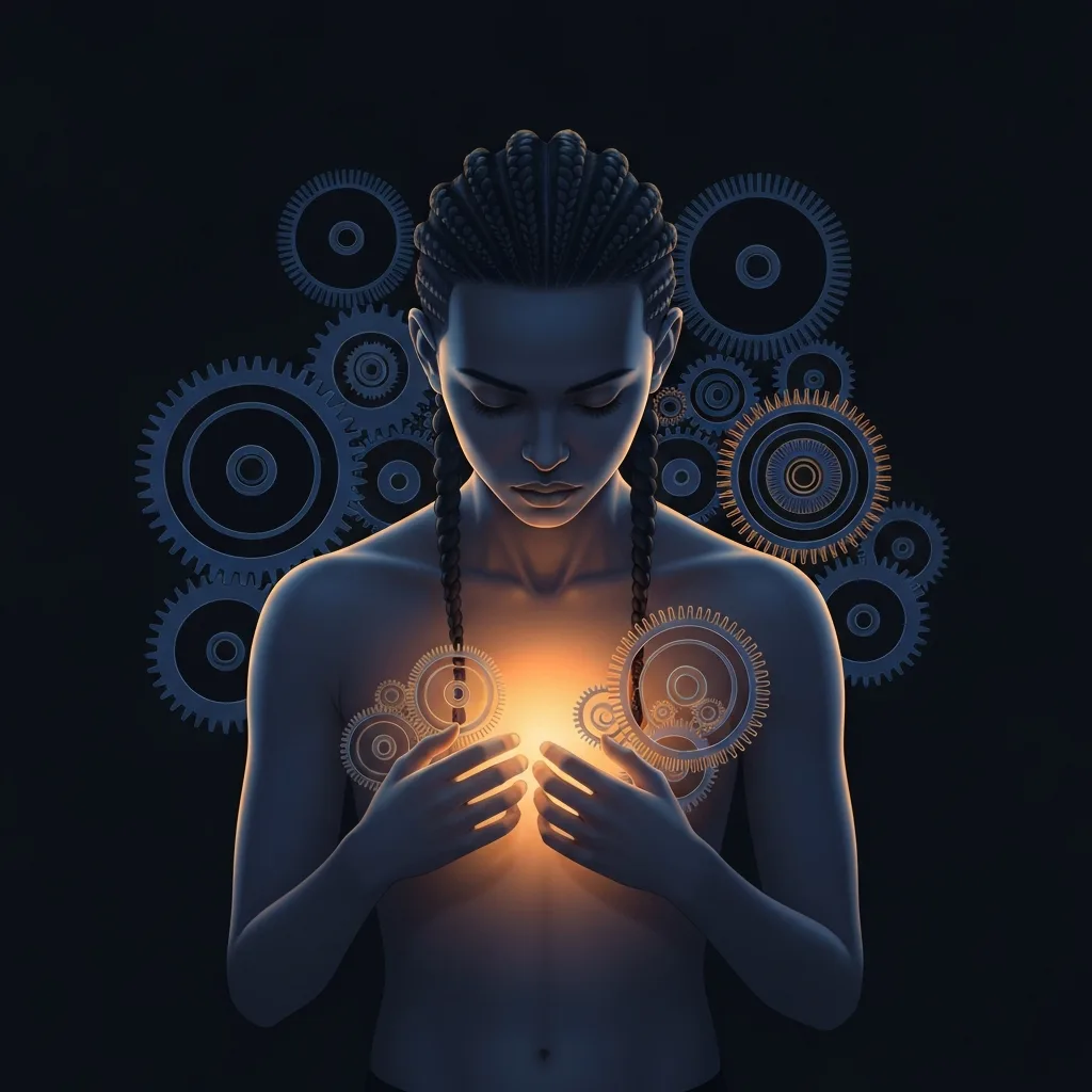 A subtle, conceptual illustration of a person looking down at their own glowing chest, surrounded by complex, swirling mechanical gears representing over-analysis of the body, minimalist color palette with deep blues and warm amber accents.