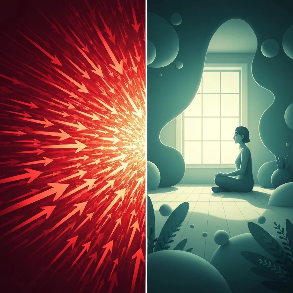 A split-screen visual metaphor for the nervous system. On the left, a chaotic, fast-paced blur of arrows pointing forward, representing the arrival fallacy and chronic anticipation, rendered in sharp reds and oranges. On the right, a calm, grounded depiction of a person sitting peacefully in a sunlit room, surrounded by soft, organic shapes and cool teal and green tones, representing present-moment mindfulness and vagal tone.
