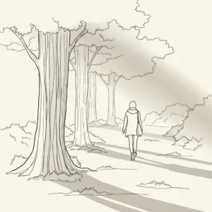 A conceptual, minimalist illustration showing a person walking on a giant clock dial, constantly reaching forward toward a glowing, unattainable horizon. The color palette is composed of muted blues and anxious grays in the background, with a warm, golden light representing the present moment directly under their feet that they are ignoring. Cinematic lighting, psychological depth.