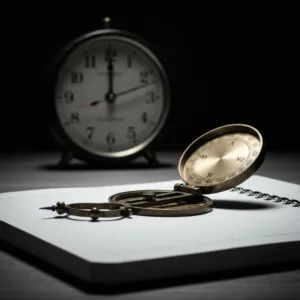 A minimalist workspace featuring a vintage brass compass resting on a blank notebook, with a heavily blurred, ticking analog clock in the background. The lighting is cinematic and high-contrast, symbolizing the prioritization of direction over speed.
