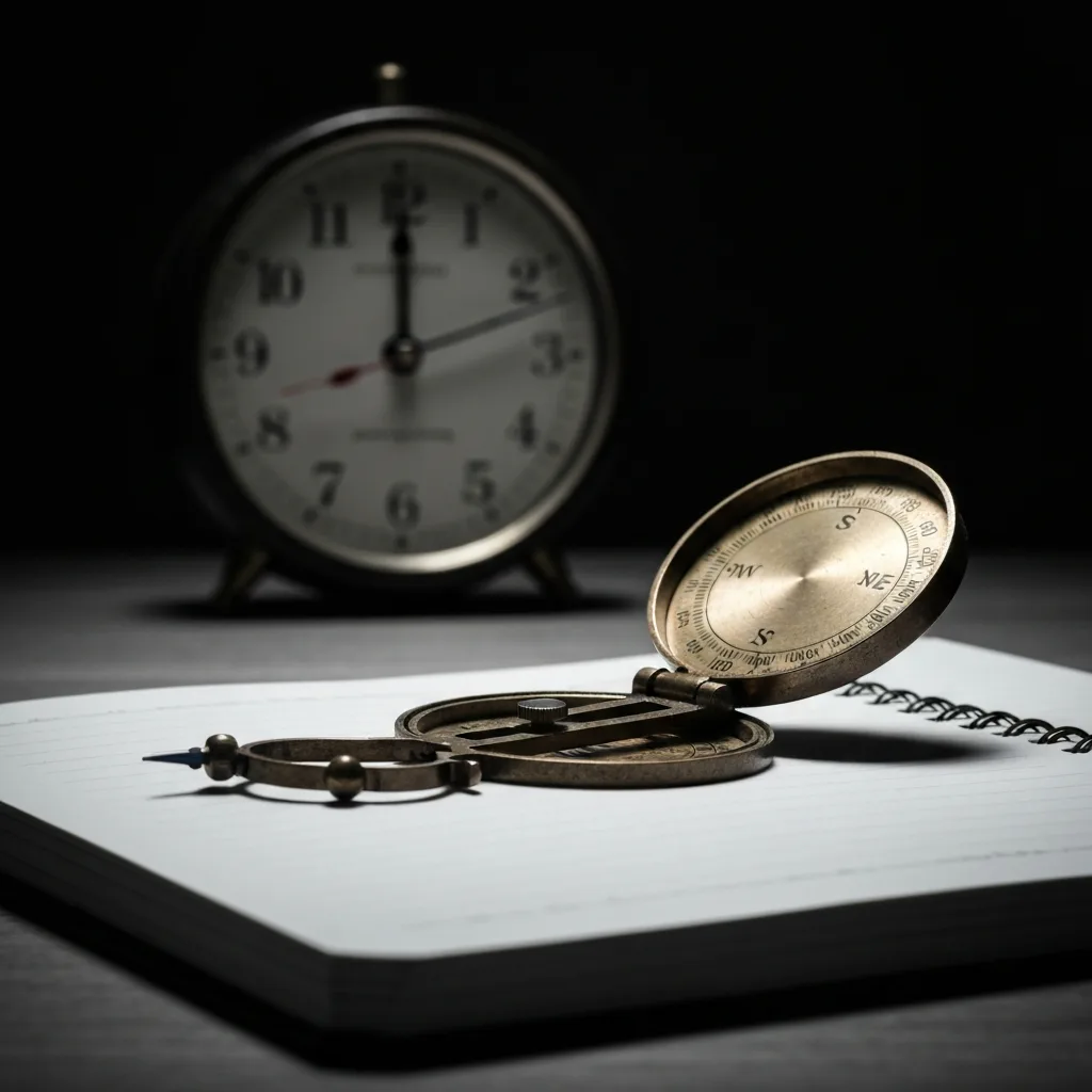 A minimalist workspace featuring a vintage brass compass resting on a blank notebook, with a heavily blurred, ticking analog clock in the background. The lighting is cinematic and high-contrast, symbolizing the prioritization of direction over speed.
