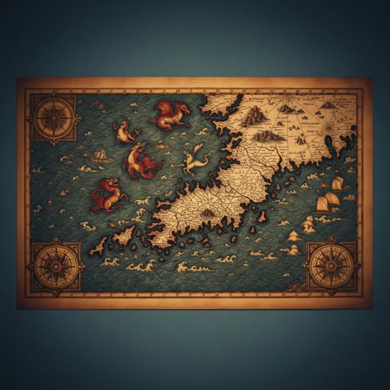 A close-up, highly detailed photograph of an antique-style fictional map spread open on a rich mahogany desk. The map features intricate ink-drawn coastlines, mythical sea creatures in the oceans, and ornate compass roses. The scene is illuminated by warm, flickering candlelight casting soft shadows across the thick, textured parchment.
