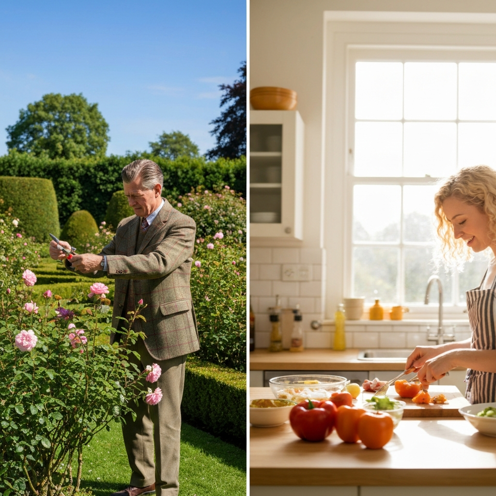 A split-screen conceptual image. On the left side, a blurred, chaotic background with a hand rushing to grab a snack while holding a glowing smartphone. On the right side, a sharp, clear image of a person sitting peacefully at a clean, minimalist dining table, looking thoughtfully at a single piece of fresh fruit. Soft, warm lighting.
