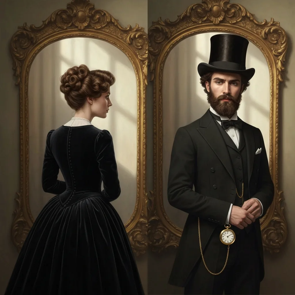 A split portrait illustration of a Victorian woman in a dark dress looking into an ornate mirror, but her reflection shows a distinguished Victorian gentleman with a top hat and a pocket watch, symbolizing the use of male pseudonyms by female authors. Classic oil painting style, moody atmosphere.