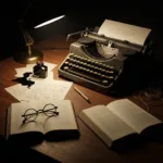 A dimly lit, vintage writer's desk featuring an old manual typewriter, scattered handwritten manuscript pages, a spilled bottle of black ink, and a pair of reading glasses resting on an open book. Dramatic shadows, cinematic lighting, 4k resolution, photorealistic.