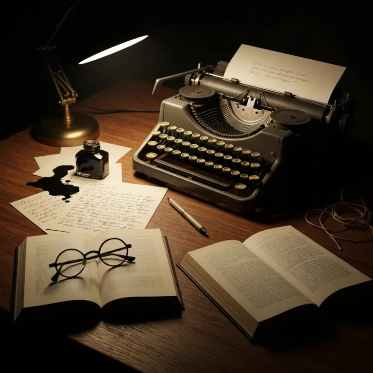 A dimly lit, vintage writer's desk featuring an old manual typewriter, scattered handwritten manuscript pages, a spilled bottle of black ink, and a pair of reading glasses resting on an open book. Dramatic shadows, cinematic lighting, 4k resolution, photorealistic.