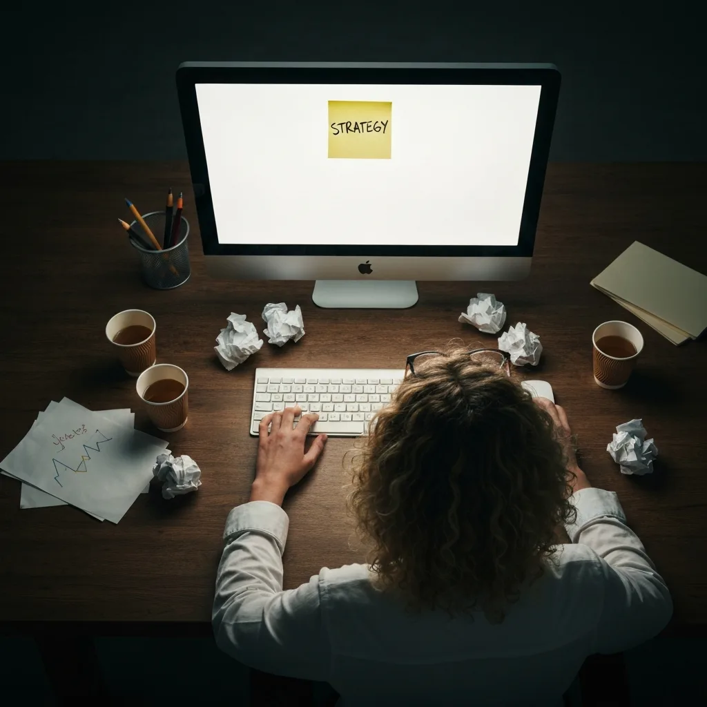A top-down view of a modern wooden desk. A person is staring blankly at a glowing computer screen displaying a single vague sticky note that says 'STRATEGY'. Surrounding the keyboard are empty coffee cups and crumpled paper, illustrating execution paralysis. Moody, dramatic office lighting.