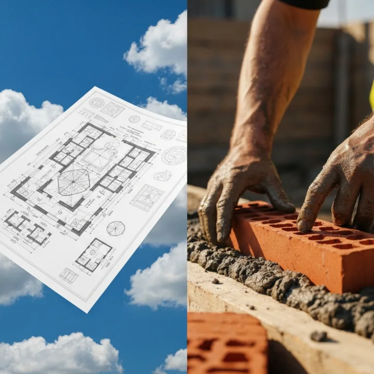 A split-screen conceptual image. On the left, a pristine, complex architectural blueprint floating in the clouds. On the right, a close-up of muddy hands laying a single red brick with mortar on a construction site. Cinematic lighting, highly detailed, photorealistic.