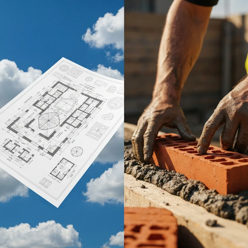 A split-screen conceptual image. On the left, a pristine, complex architectural blueprint floating in the clouds. On the right, a close-up of muddy hands laying a single red brick with mortar on a construction site. Cinematic lighting, highly detailed, photorealistic.