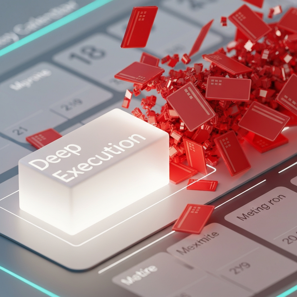 A close-up of a sleek digital calendar interface where a large, solid, glowing block of time labeled 'Deep Execution' is physically pushing away smaller, chaotic, red meeting invites. 3D isometric style, clean corporate aesthetic, subtle neon accents, highly detailed.
