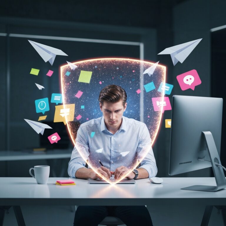 A conceptual representation of time boundaries. A glowing, semi-transparent shield surrounding a focused person at a clean, modern desk, effortlessly deflecting flying paper airplanes, sticky notes, and digital notification icons. Cinematic lighting, photorealistic, high-end corporate environment.