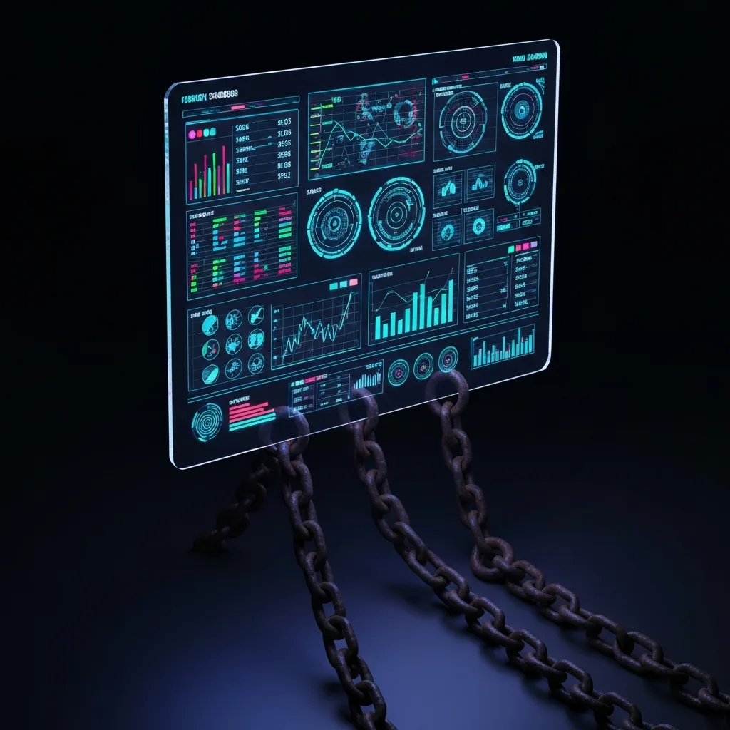 A conceptual 3D render showing a glowing, highly organized digital dashboard on a transparent glass screen, but heavy, dark, rusted metal chains are attached to the bottom of the screen, dragging it downward. Studio lighting, dark background, sharp focus.