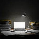 A minimalist, high-contrast photograph of a messy desk with stacks of dusty, unfinished blueprints and faded yellow folders, while a single, sharply focused modern laptop sits in the center illuminated by a clean, bright desk lamp. Cinematic lighting, photorealistic.
