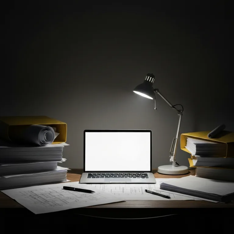 A minimalist, high-contrast photograph of a messy desk with stacks of dusty, unfinished blueprints and faded yellow folders, while a single, sharply focused modern laptop sits in the center illuminated by a clean, bright desk lamp. Cinematic lighting, photorealistic.