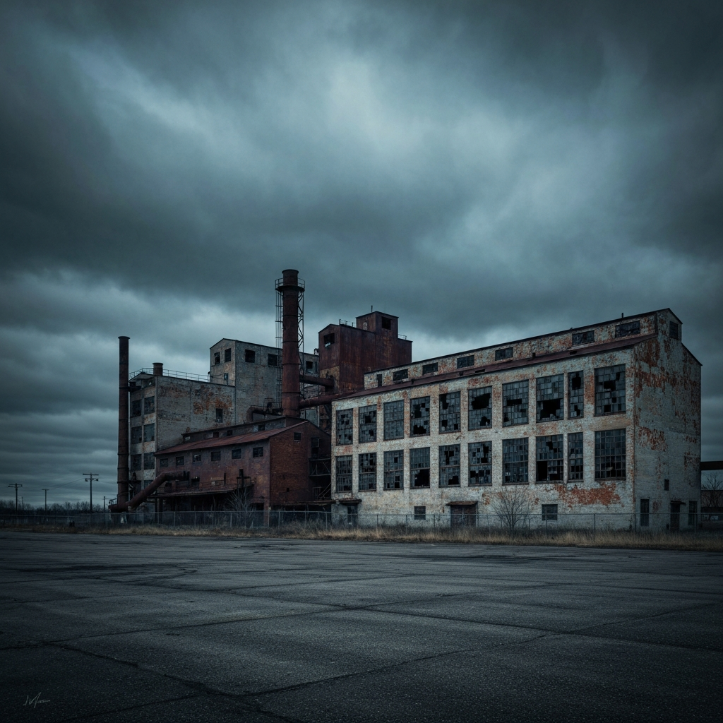A moody, evocative painting of a rusted industrial factory in a desolate Rust Belt landscape under a heavy, overcast sky, emphasizing peeling paint, broken windows, and the melancholic beauty of urban decay, in the style of contemporary literary realism.