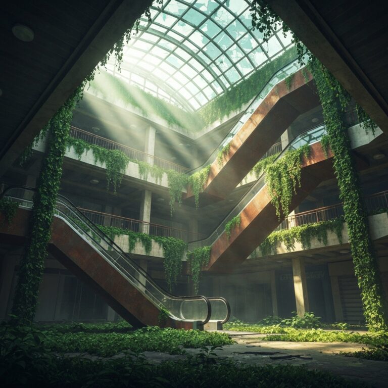 A highly detailed, atmospheric illustration of a decaying, abandoned 20th-century shopping mall reclaimed by nature, with thick green vines wrapping around rusted escalators and shafts of sunlight piercing through a shattered glass ceiling, cinematic lighting, conceptual art style.
