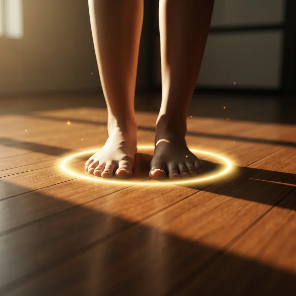 A cinematic, close-up shot of a person's bare feet standing firmly on rich, textured hardwood floor, bathed in soft morning sunlight. A subtle, glowing aura of calm energy surrounds their feet, contrasting with a slightly blurred, fast-moving background to symbolize somatic grounding.
