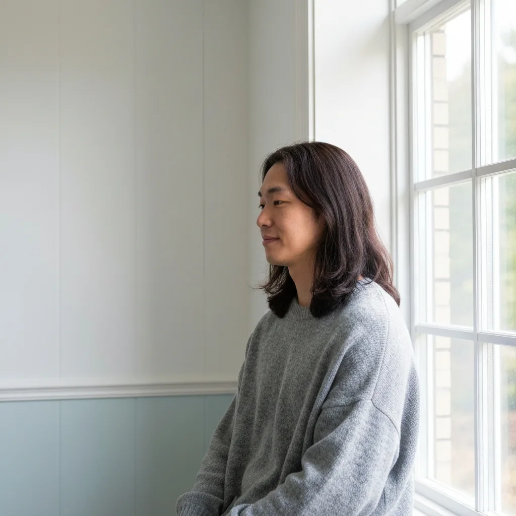 A person sitting quietly in a spacious, sunlit room, staring peacefully out of a large window at a serene landscape. They are holding a warm mug, shoulders visibly relaxed, embodying a state of deep nervous system regulation and calm. The environment is uncluttered and minimalist, symbolizing cognitive space and mental margin. Warm, golden hour lighting, cinematic composition, hyper-detailed.